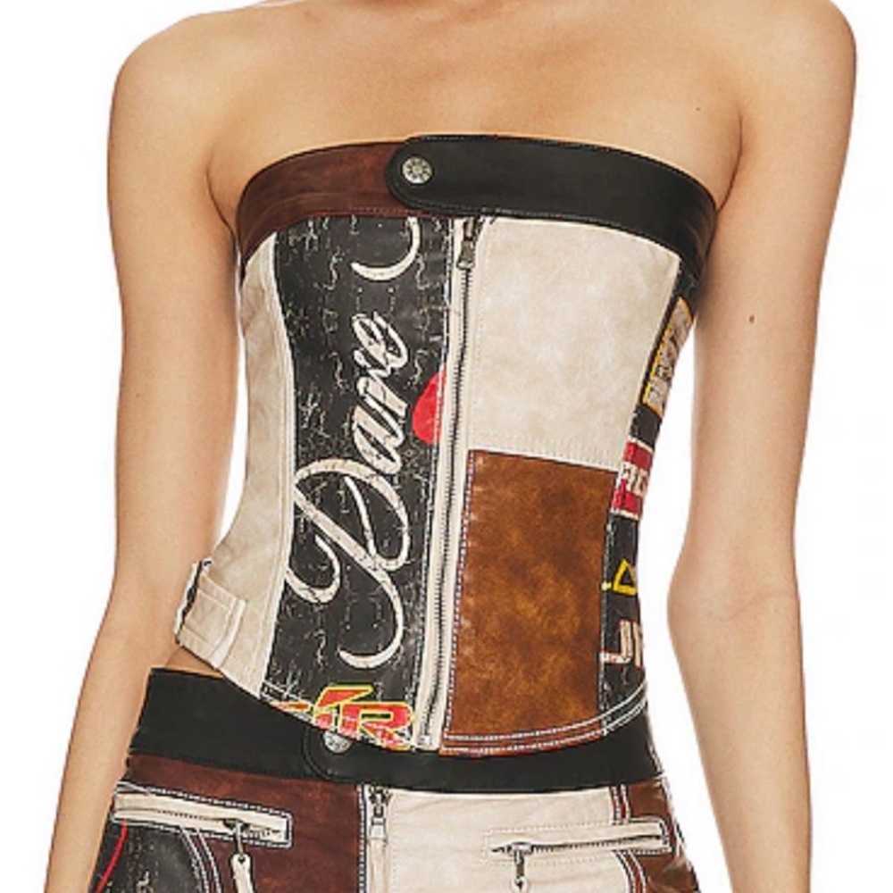 Jaded London Daytona Faux Leather Corset Top in Brown & Blue UK 14